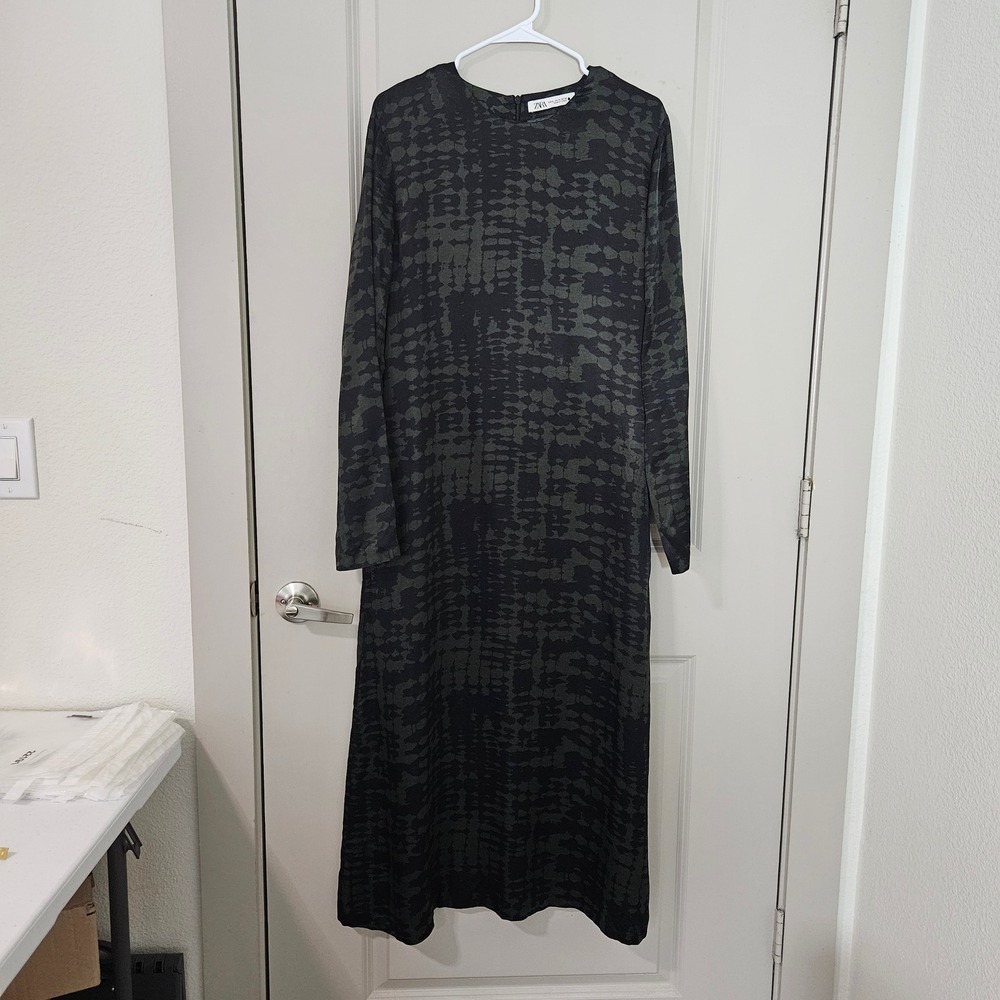 Zara Womens XL Dark Green Black Abstract Print Long Sleeve Viscose Midi Dress